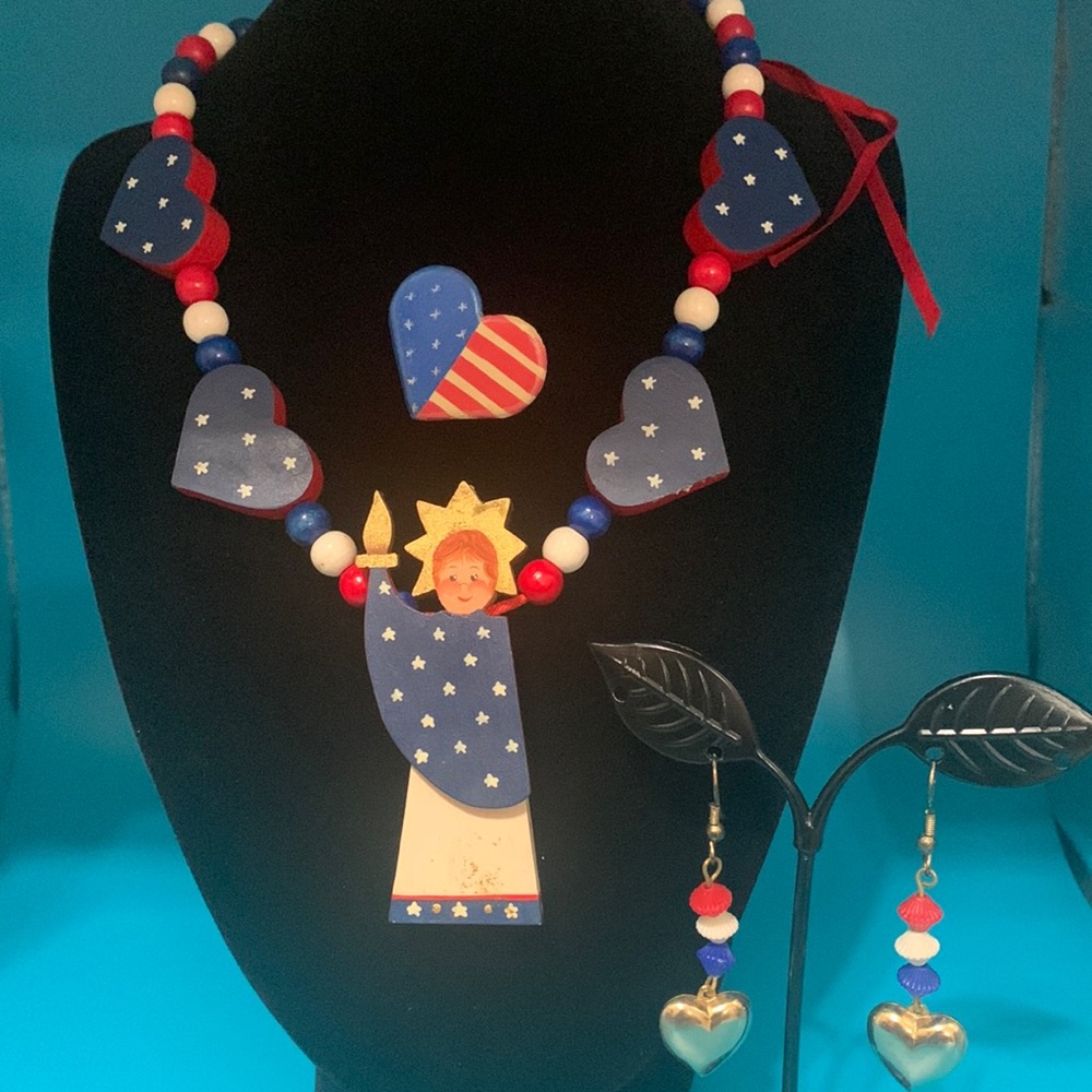 Hand Painted Vintage Necklace , Earrings and Small Pin.